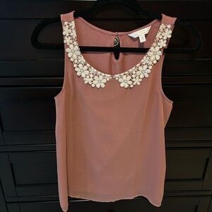LC Lauren Conrad Dusty Pink Floral Trim Sleeveless Blouse